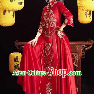 Chinese Traditional Wedding Embroidered Drilling Blouse and Dress Red Bottom Drawer Xiu He Suit Ancient Bride Costumes for Women