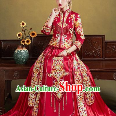 Chinese Traditional Wedding Red Slim Xiu He Suit Embroidered Blouse and Dress Ancient Bride Costumes for Women