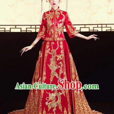 Chinese Traditional Wedding Red Xiu He Suit Embroidered Dragon Phoenix Blouse and Dress Ancient Bride Costumes for Women