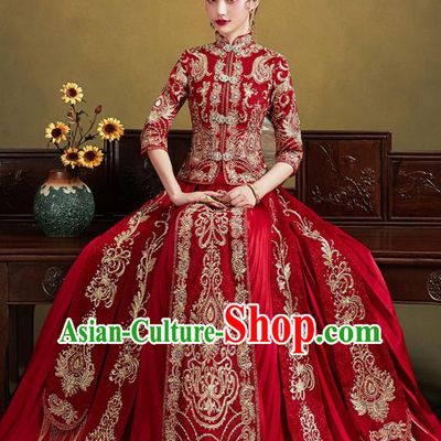 Chinese Traditional Wedding Drilling Embroidered Blouse and Dress Red Bottom Drawer Xiu He Suit Ancient Bride Costumes for Women