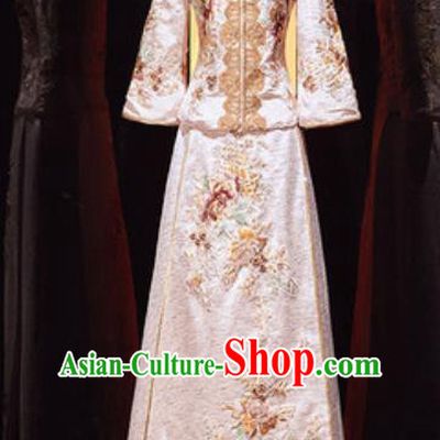 Chinese Traditional Wedding Embroidered Champagne Blouse and Dress Xiu He Suit Bottom Drawer Ancient Bride Costumes for Women