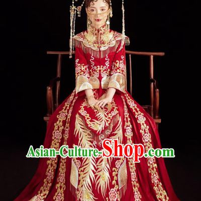Chinese Traditional Wedding Embroidered Phoenix Red Blouse and Dress Xiu He Suit Bottom Drawer Ancient Bride Costumes for Women