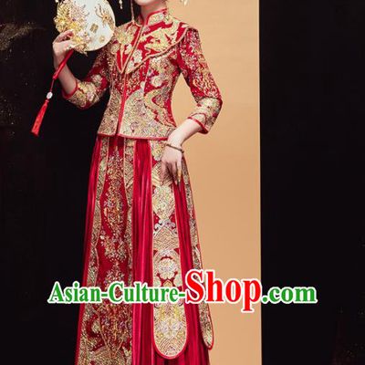 Chinese Traditional Wedding Embroidered Dragon Red Blouse and Dress Xiu He Suit Bottom Drawer Ancient Bride Costumes for Women