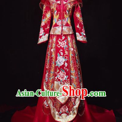 Chinese Traditional Wedding Embroidered Peony Blouse and Dress Xiu He Suit Red Bottom Drawer Ancient Bride Costumes for Women