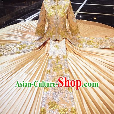 Chinese Traditional Wedding Embroidered Drilling Champagne Blouse and Dress Xiu He Suit Red Bottom Drawer Ancient Bride Costumes for Women