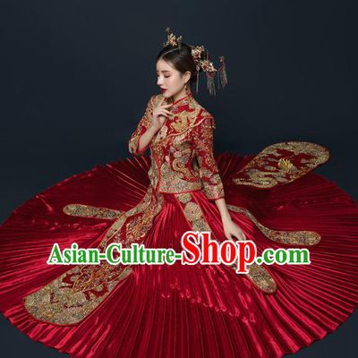 Chinese Traditional Wedding Embroidered Drilling Red Blouse and Dress Xiu He Suit Red Bottom Drawer Ancient Bride Costumes for Women
