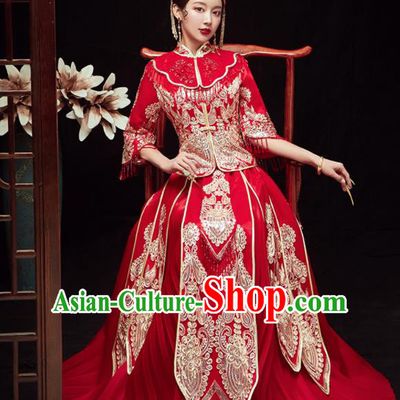 Chinese Traditional Wedding Embroidered Red Blouse and Dress Xiu He Suit Red Bottom Drawer Ancient Bride Costumes for Women