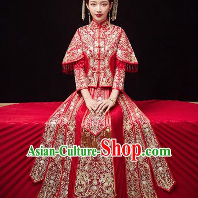 Chinese Traditional Wedding Embroidered Drilling Flowers Red Blouse and Dress Xiu He Suit Red Bottom Drawer Ancient Bride Costumes for Women