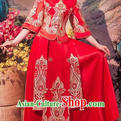 Chinese Traditional Wedding Embroidered Red Slim Blouse and Dress Xiu He Suit Red Bottom Drawer Ancient Bride Costumes for Women