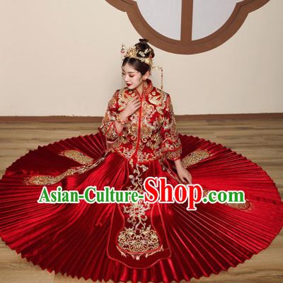 Chinese Traditional Wedding Embroidered Drilling Slim Blouse and Dress Xiu He Suit Red Bottom Drawer Ancient Bride Costumes for Women