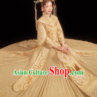Chinese Traditional Embroidered Golden Bottom Drawer Wedding Blouse and Dress Xiu He Suit Ancient Bride Costumes for Women