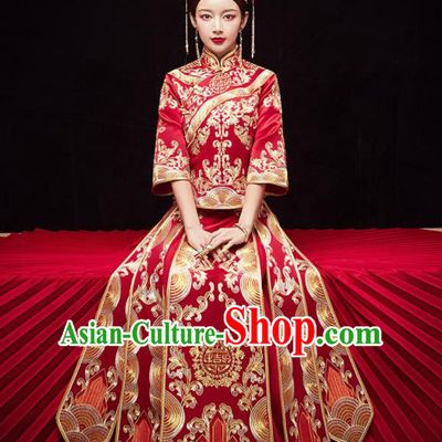 Chinese Traditional Wedding Embroidered Red Slim Blouse and Dress Xiu He Suit Red Bottom Drawer Ancient Bride Costumes for Women