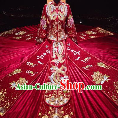Chinese Traditional Wedding Embroidered Red Blouse and Dress Xiu He Suit Red Drilling Phoenix Bottom Drawer Ancient Bride Costumes for Women