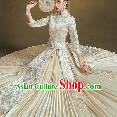 Chinese Traditional Embroidered Beige Bottom Drawer Wedding Blouse and Dress Xiu He Suit Ancient Bride Costumes for Women