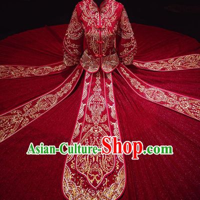 Chinese Traditional Xiu He Suit Wedding Embroidered Dark Red Blouse and Dress Bottom Drawer Ancient Bride Costumes for Women