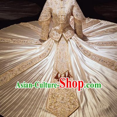 Chinese Traditional Xiu He Suit Wedding Embroidered Light Golden Blouse and Dress Bottom Drawer Ancient Bride Costumes for Women
