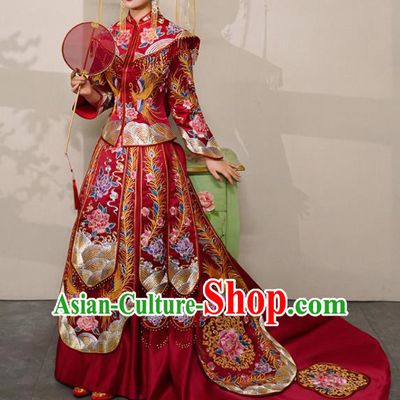 Chinese Traditional Xiu He Suit Wedding Embroidered Peony Red Blouse and Dress Bottom Drawer Ancient Bride Costumes for Women