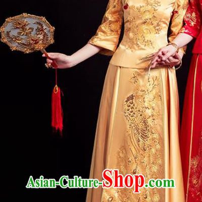 Chinese Traditional Golden Xiu He Suit Wedding Embroidered Peacock Blouse and Dress Bottom Drawer Ancient Bride Costumes for Women
