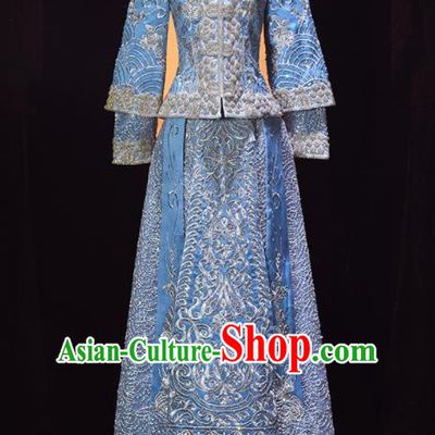 Chinese Traditional Drilling Blue Xiu He Suit Wedding Embroidered Blouse and Dress Bottom Drawer Ancient Bride Costumes for Women