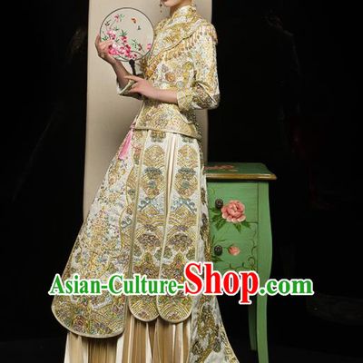 Chinese Traditional Xiu He Suit Wedding Embroidered Golden Blouse and Dress Bottom Drawer Ancient Bride Costumes for Women