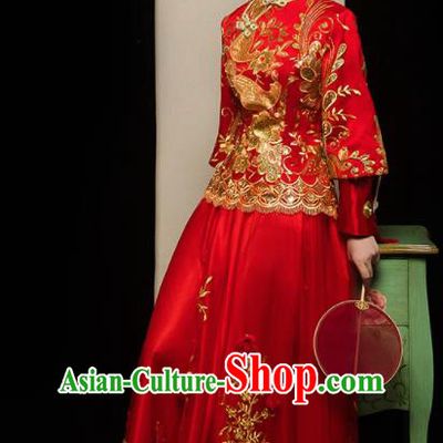 Chinese Traditional Xiu He Suit Wedding Embroidered Red Veil Blouse and Dress Bottom Drawer Ancient Bride Costumes for Women