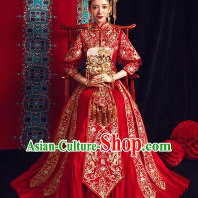 Chinese Traditional Bride Embroidered Xiu He Suit Wedding Red Blouse and Dress Bottom Drawer Ancient Costumes for Women
