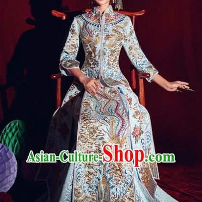 Chinese Traditional Bride Embroidered Phoenix Xiu He Suit Wedding Blue Blouse and Dress Bottom Drawer Ancient Costumes for Women