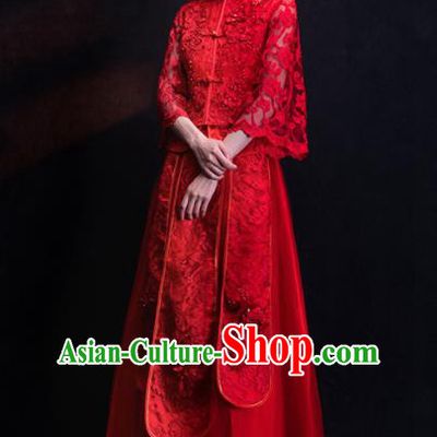 Chinese Traditional Bride Embroidered Veil Xiu He Suit Wedding Red Blouse and Dress Bottom Drawer Ancient Costumes for Women