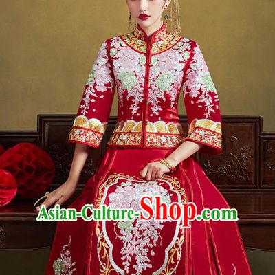 Chinese Traditional Wedding Bottom Drawer Embroidered Wisteria Blouse and Dress Xiu He Suit Ancient Bride Costumes for Women