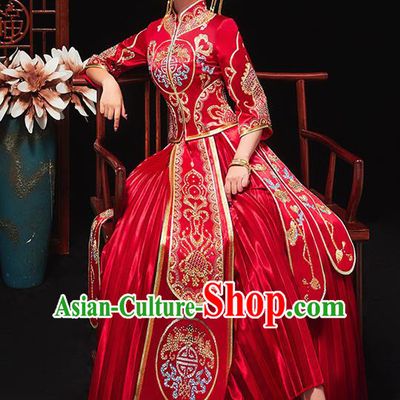 Chinese Traditional Bride Embroidered Drilling Red Xiu He Suit Wedding Blouse and Dress Bottom Drawer Ancient Costumes for Women