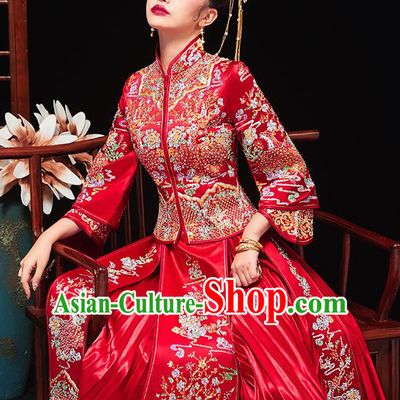 Chinese Traditional Bride Embroidered Drilling Peony Red Xiu He Suit Wedding Blouse and Dress Bottom Drawer Ancient Costumes for Women