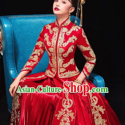 Chinese Traditional Bride Drilling Red Xiu He Suit Wedding Blouse and Dress Bottom Drawer Ancient Costumes for Women