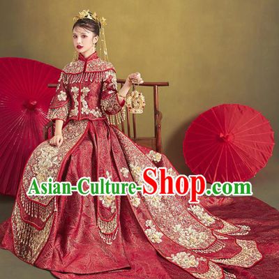 Chinese Traditional Bride Embroidered Wine Red Trailing Xiu He Suit Wedding Blouse and Dress Bottom Drawer Ancient Costumes for Women