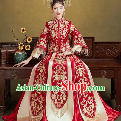 Chinese Traditional Bride Embroidered Flowers Red Xiu He Suit Wedding Blouse and Dress Bottom Drawer Ancient Costumes for Women