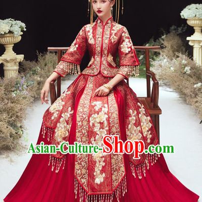 Chinese Traditional Bride Embroidered Xiu He Suit Wedding Blouse and Dress Bottom Drawer Ancient Costumes for Women