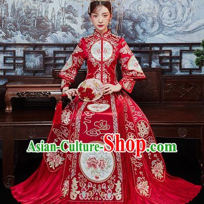 Chinese Traditional Bride Embroidered Drilling Peony Xiu He Suit Wedding Blouse and Dress Bottom Drawer Ancient Costumes for Women