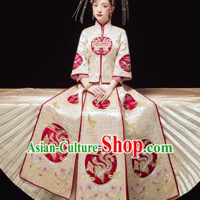 Chinese Traditional Bride Embroidered Drilling Phoenix Golden Xiu He Suit Wedding Blouse and Dress Bottom Drawer Ancient Costumes for Women