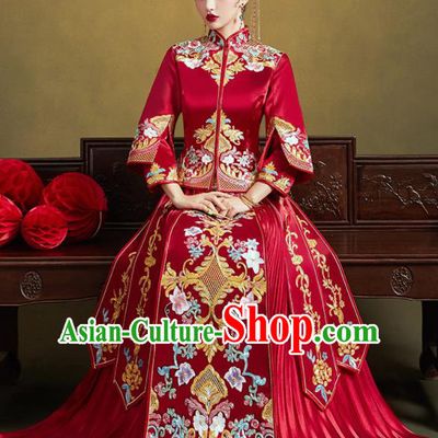 Chinese Traditional Wedding Bottom Drawer Embroidered Flowers Blouse and Dress Xiu He Suit Ancient Bride Costumes for Women
