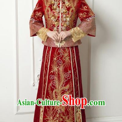Chinese Traditional Xiu He Suit Wedding Embroidered Phoenix Red Blouse and Dress Bottom Drawer Ancient Bride Costumes for Women