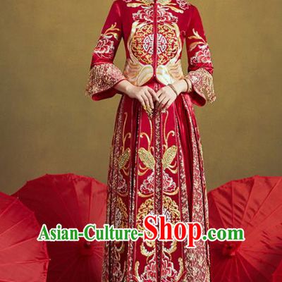 Chinese Traditional Wedding Bottom Drawer Embroidered Butterfly Peony Blouse and Dress Xiu He Suit Ancient Bride Costumes for Women