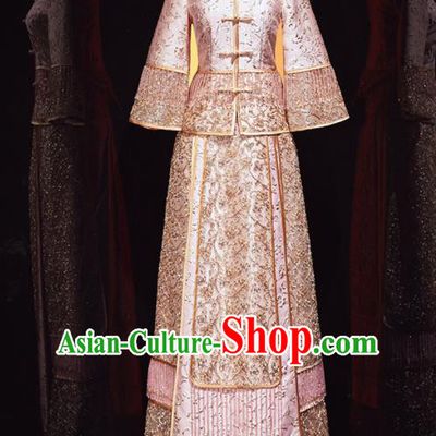 Chinese Traditional Xiu He Suit Wedding Embroidered Pink Blouse and Dress Bottom Drawer Ancient Bride Costumes for Women