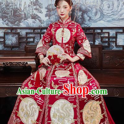 Chinese Traditional Bride Embroidered Drilling Phoenix Red Xiu He Suit Wedding Blouse and Dress Bottom Drawer Ancient Costumes for Women