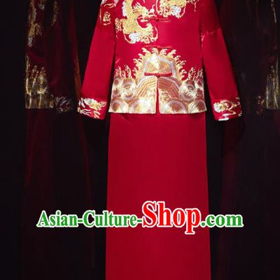 Chinese Ancient Bridegroom Embroidered Phoenix Dragon Red Mandarin Jacket and Gown Traditional Wedding Tang Suit Costumes for Men