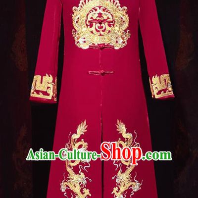 Chinese Ancient Bridegroom Embroidered Double Dragon Red Mandarin Jacket Traditional Wedding Tang Suit Costumes for Men