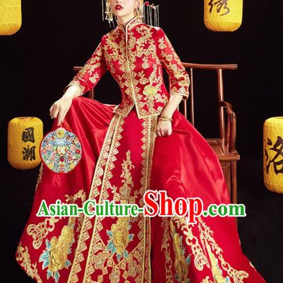 Chinese Traditional Wedding Embroidered Golden Peony Blouse and Dress Red Bottom Drawer Xiu He Suit Ancient Bride Costumes for Women