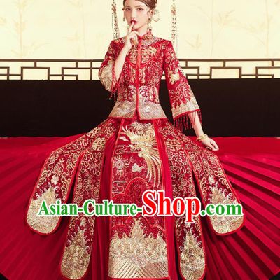 Chinese Traditional Wedding Embroidered Golden Phoenix Blouse and Dress Red Bottom Drawer Xiu He Suit Ancient Bride Costumes for Women