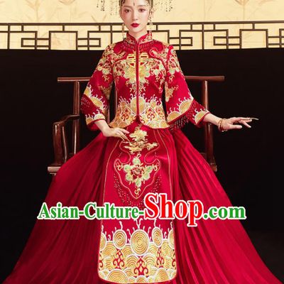 Chinese Traditional Wedding Embroidered Golden Flowers Blouse and Dress Red Bottom Drawer Xiu He Suit Ancient Bride Costumes for Women