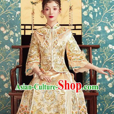 Chinese Traditional Wedding Drilling Golden Bottom Drawer Embroidered Blouse and Dress Xiu He Suit Ancient Bride Costumes for Women