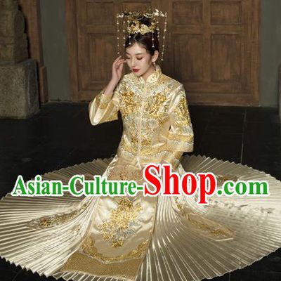Chinese Traditional Wedding Golden Bottom Drawer Embroidered Blouse and Dress Xiu He Suit Ancient Bride Costumes for Women