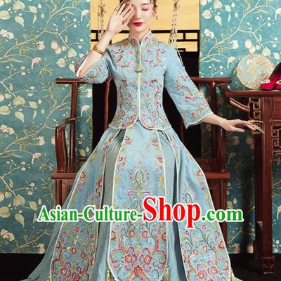 Chinese Traditional Wedding Bottom Drawer Embroidered Blue Blouse and Dress Xiu He Suit Ancient Bride Costumes for Women